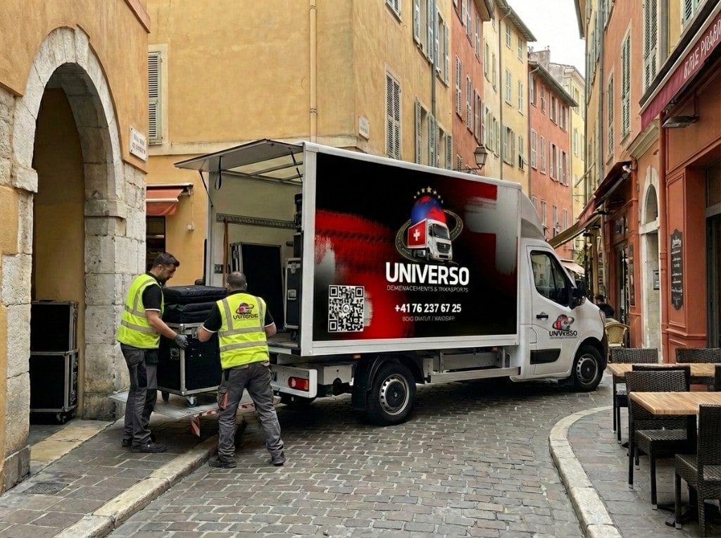Camião UNIVERSO em rua estreita — equipamento em flight cases e acesso difícil