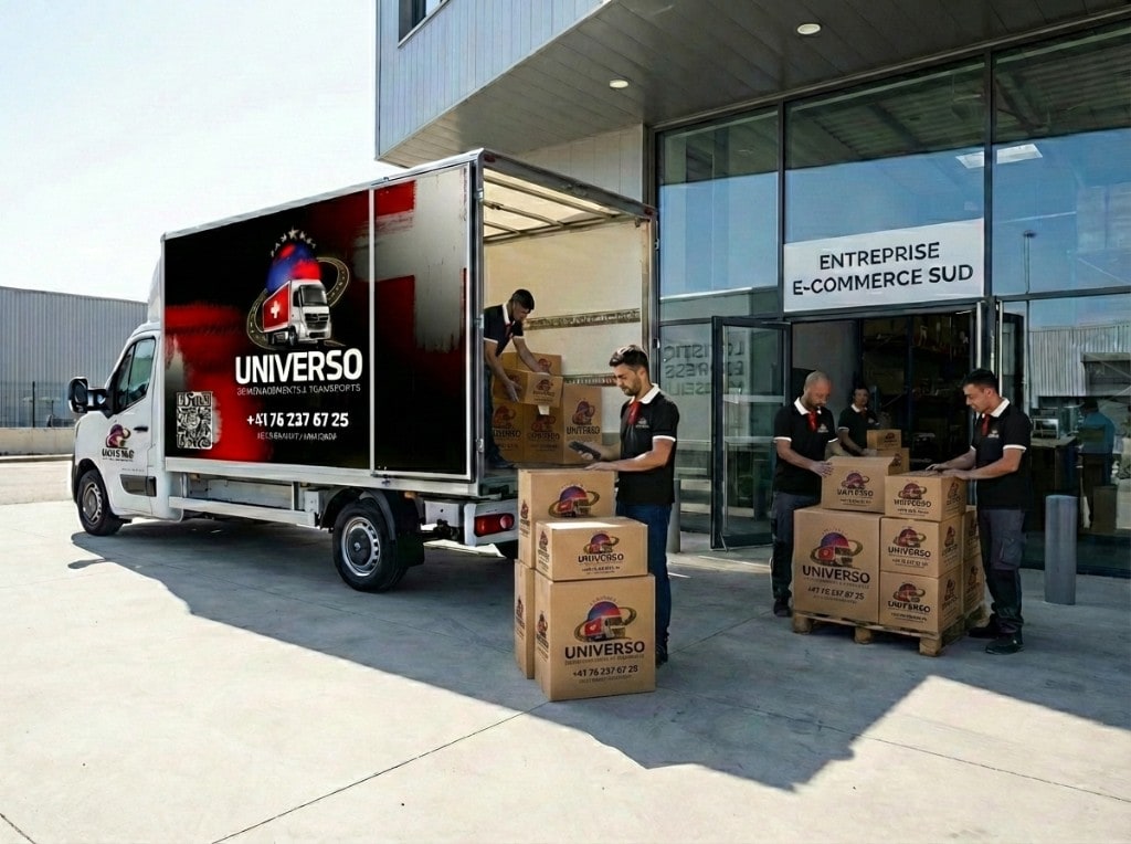 Equipa UNIVERSO com caixas personalizadas e camião junto a armazém logístico