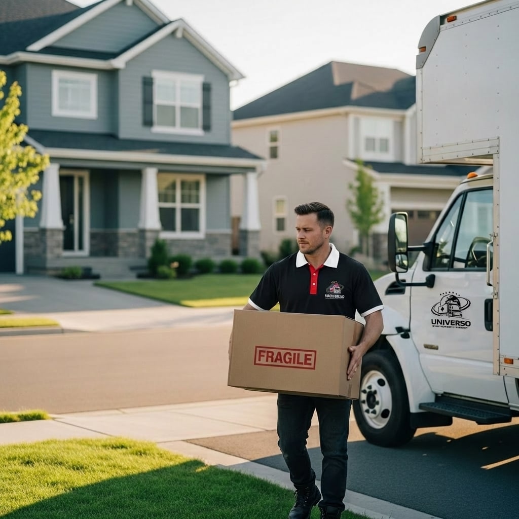 Equipa UNIVERSO em mudança residencial com camião e caixas