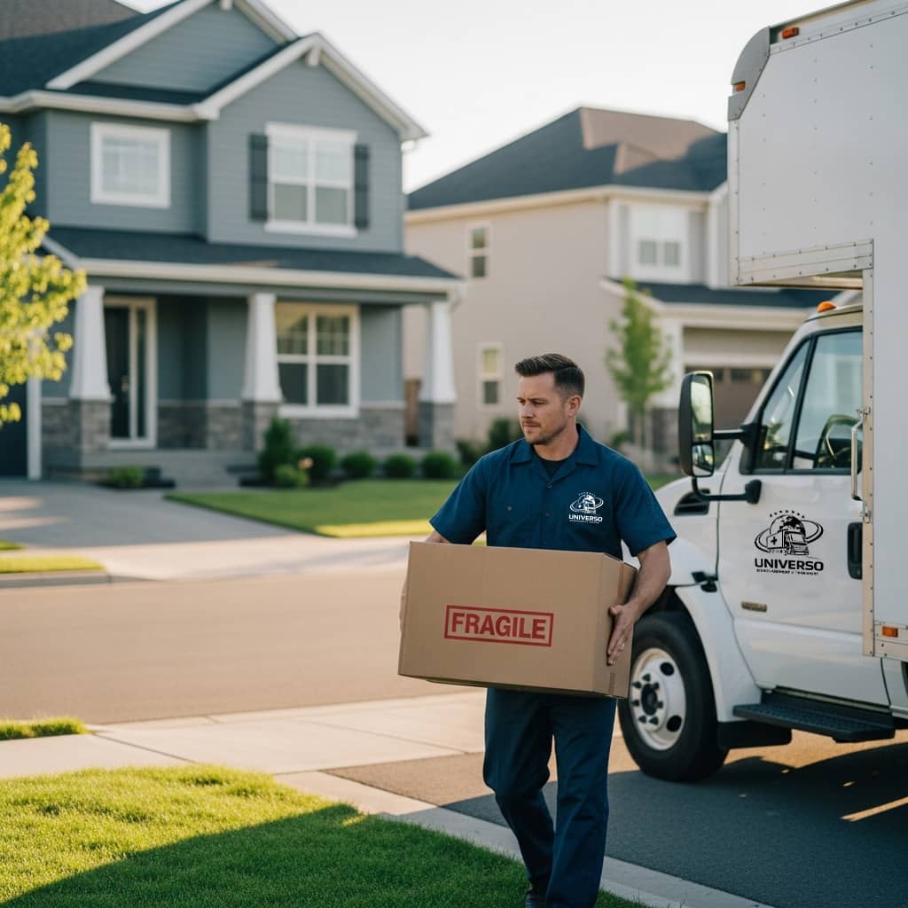 Profissional UNIVERSO a transportar caixa FRAGILE em mudança residencial